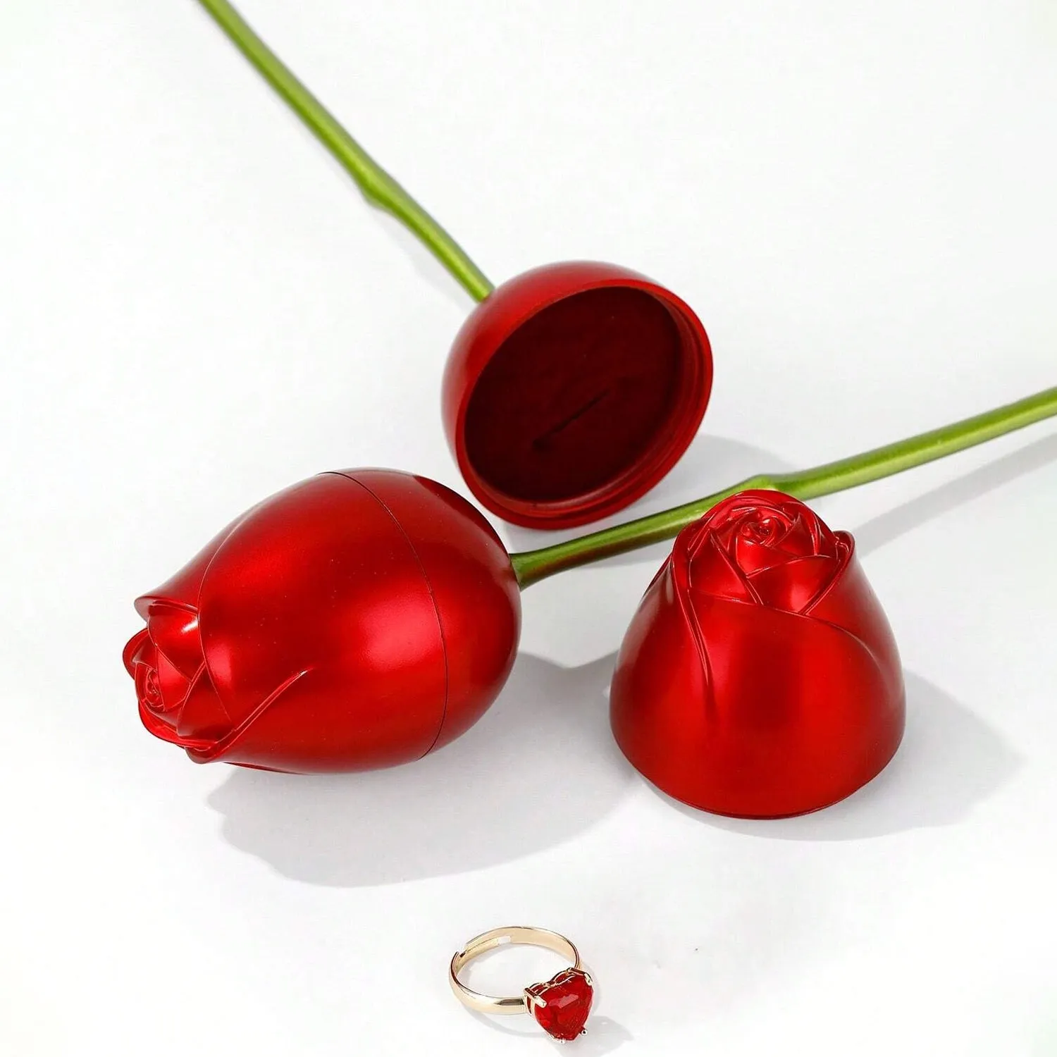 Red Rose Couple Rings Box - Elegant Design (Rings Not Included)