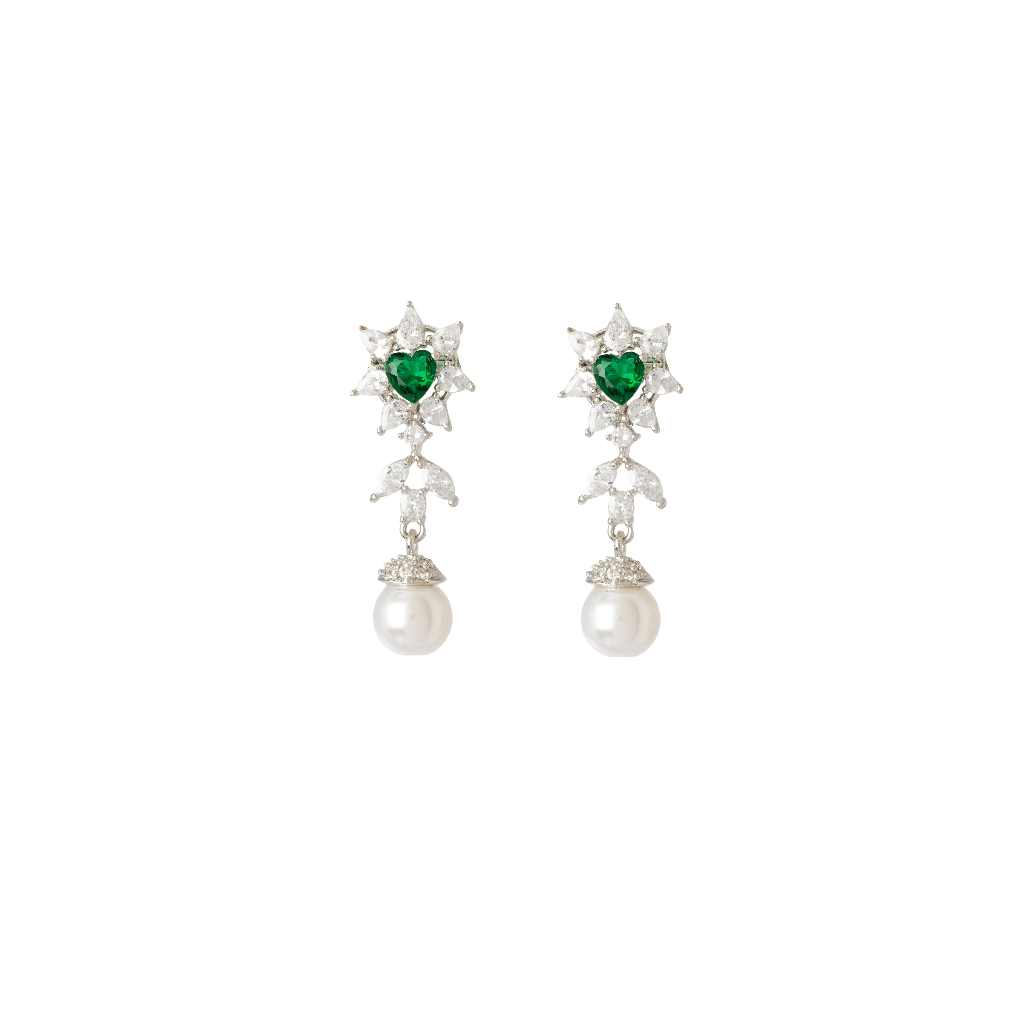Rhodium Plated Synthetic Emerald With Pearl Drop Choker Necklace & Dangle Earrings Set - VN420