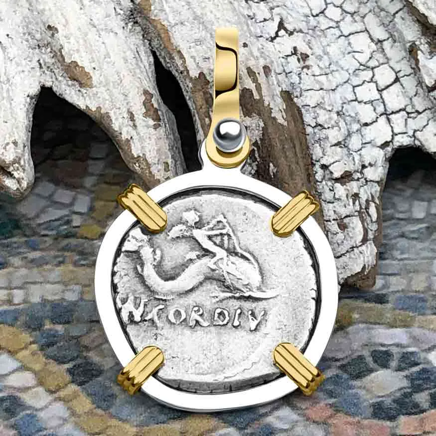 Roman Republic Silver Denarius 46 BC Venus and the Dolphin 14K Gold and Sterling Silver Pendant | Artifact #3511