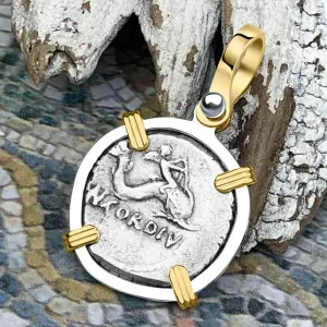 Roman Republic Silver Denarius 46 BC Venus and the Dolphin 14K Gold and Sterling Silver Pendant | Artifact #3511