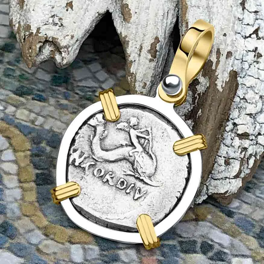 Roman Republic Silver Denarius 46 BC Venus and the Dolphin 14K Gold and Sterling Silver Pendant | Artifact #3511
