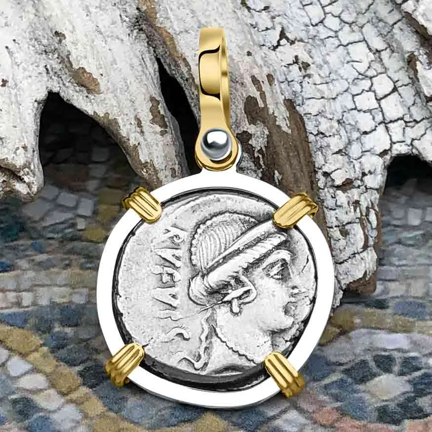 Roman Republic Silver Denarius 46 BC Venus and the Dolphin 14K Gold and Sterling Silver Pendant | Artifact #3511