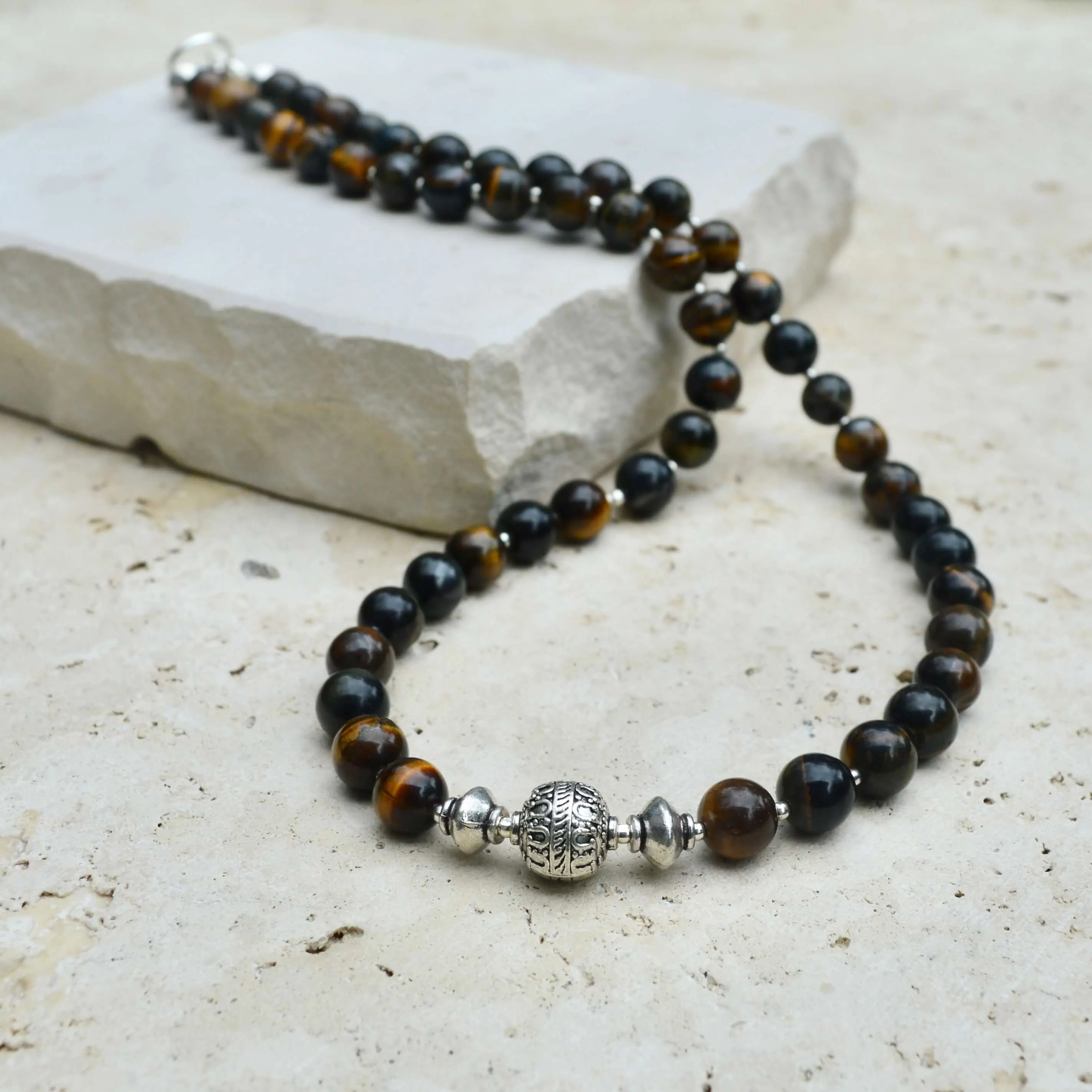 SHORT Tigers Eye & Silver BEADED NECKLACE