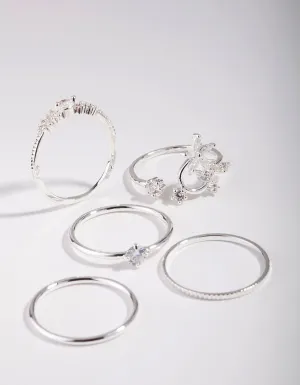 Silver Cubic Zirconia Flower 5-Pack Rings