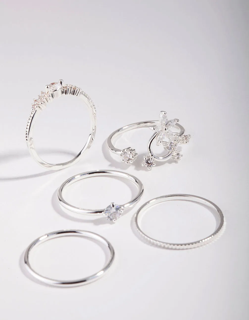 Silver Cubic Zirconia Flower 5-Pack Rings