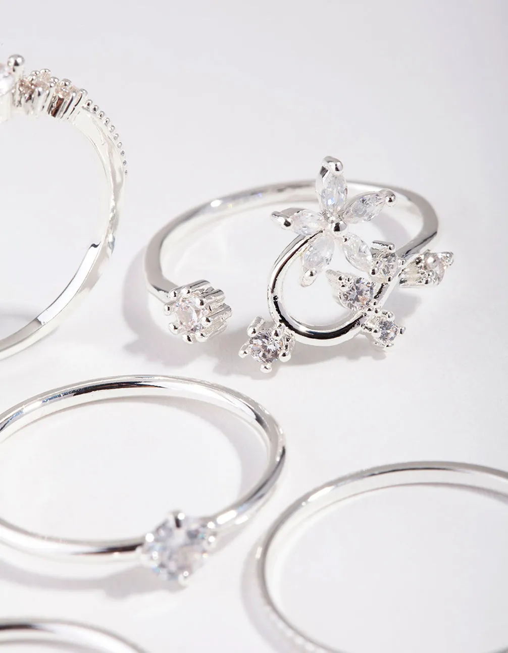 Silver Cubic Zirconia Flower 5-Pack Rings