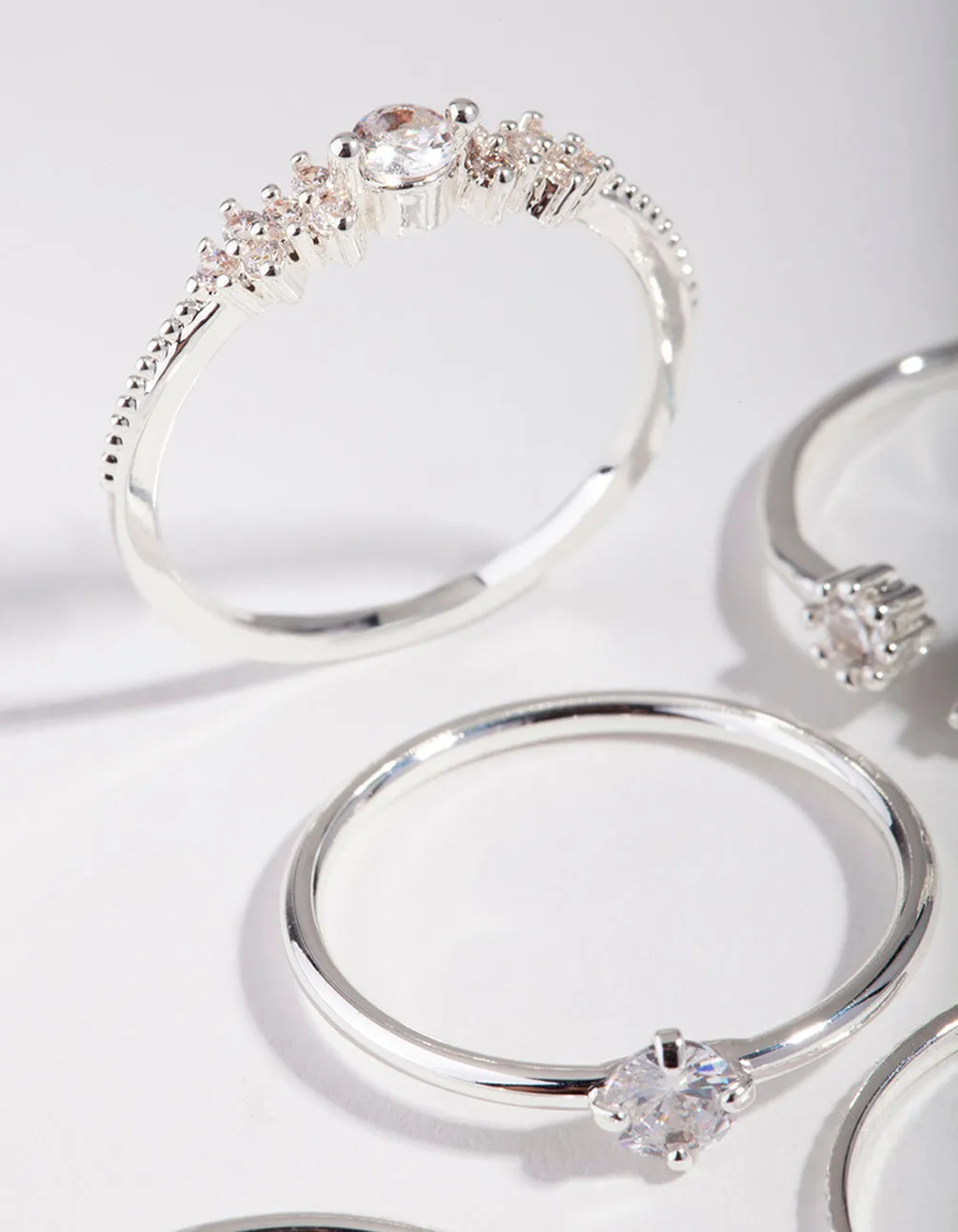 Silver Cubic Zirconia Flower 5-Pack Rings
