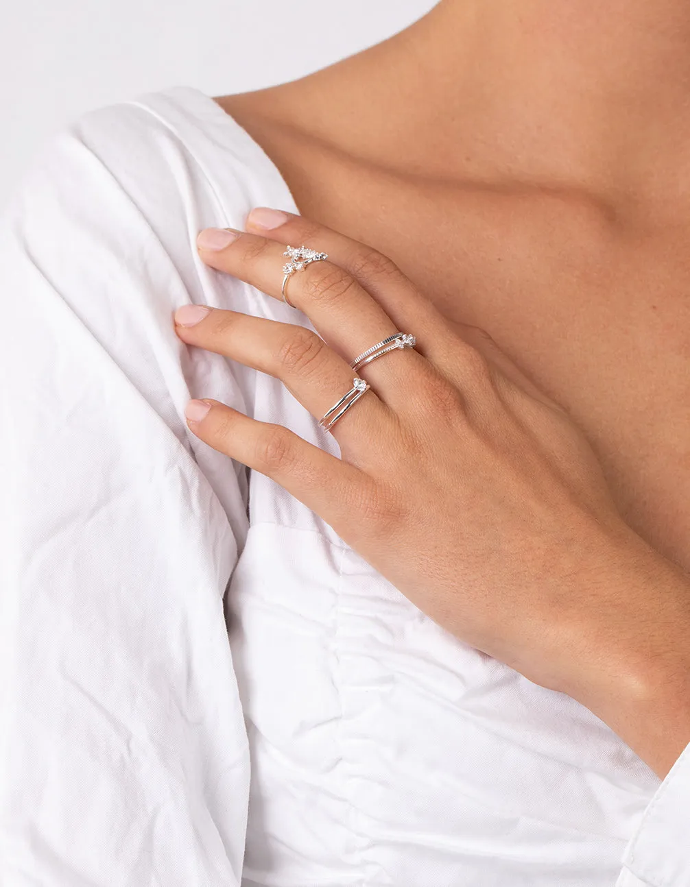 Silver Cubic Zirconia Flower 5-Pack Rings