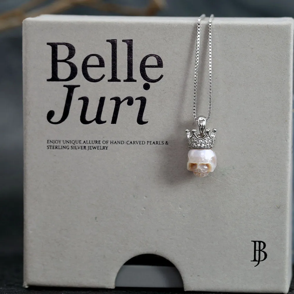 Silver Zircon Crown Pearl Skull Charm Necklace