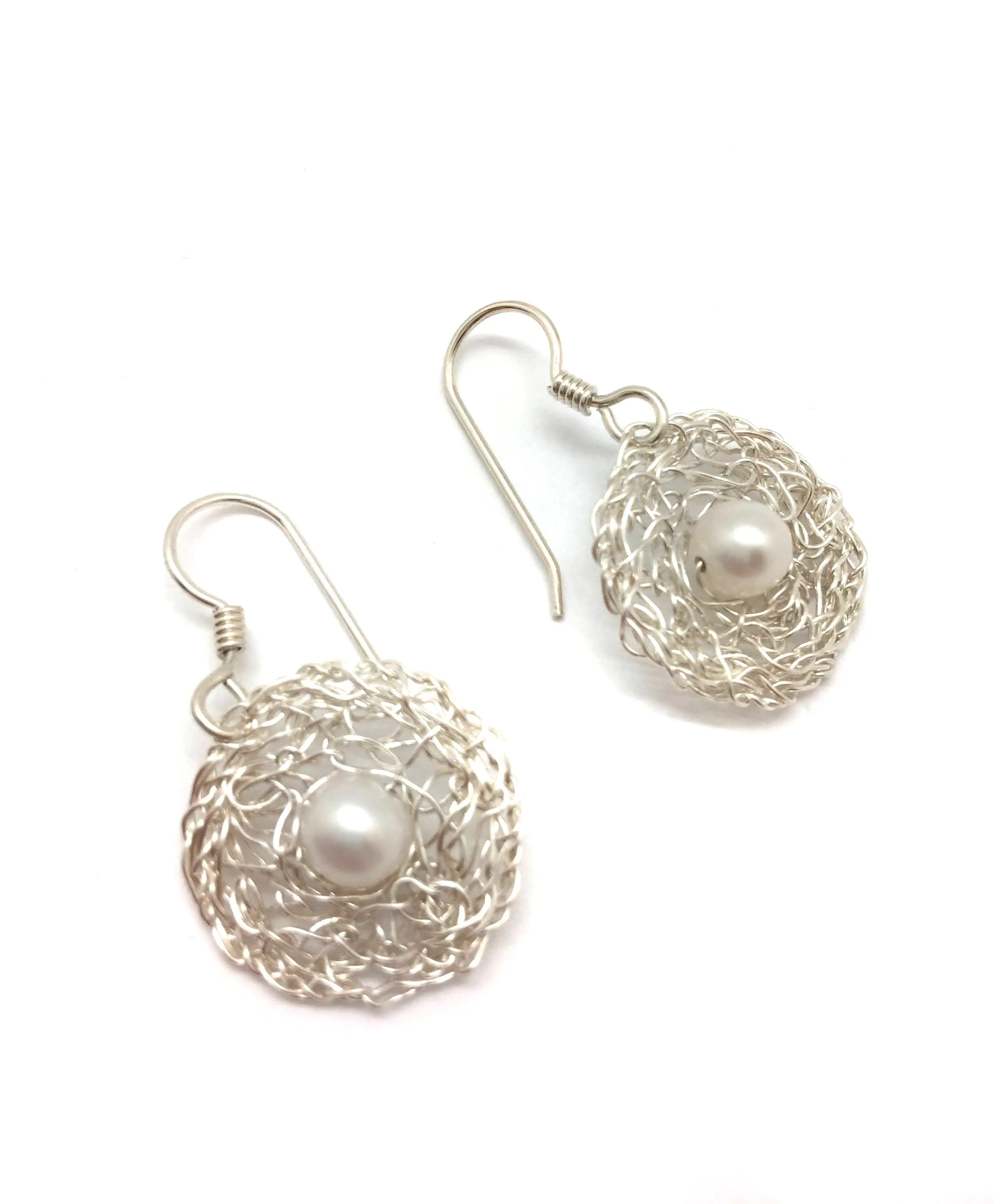 Small Silver Woven Circle Drops with Pearls