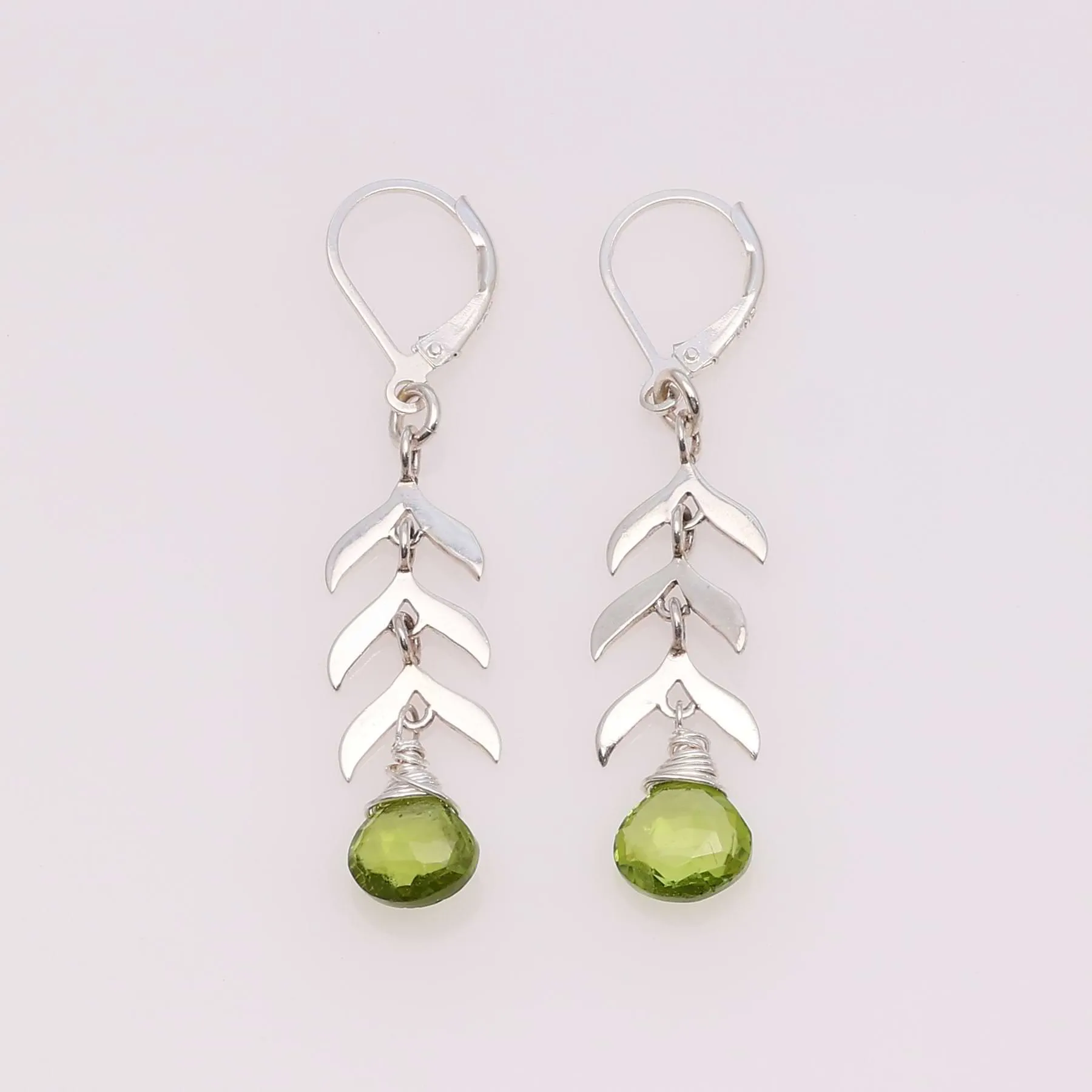 Sprouts - Silver Leaves and Green Gemstone Earrings