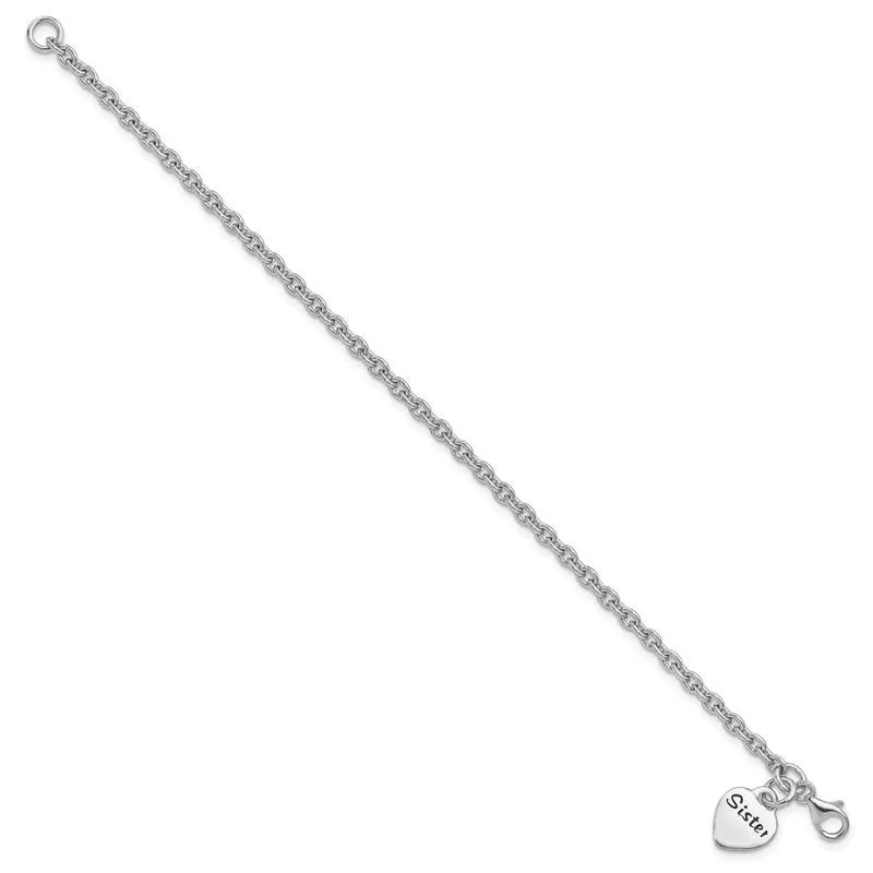 Sterling Silver Rhodium-plated Antiqued Sister Heart Dangle Bracelet