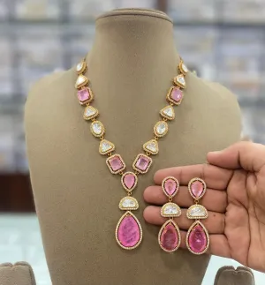 Teardrop Polki Statement Necklace Earrings Set, Teardrop Polki Jewellery, Teardrop Necklace Set, Polki Celebrities Jewellery, Bollywood Inspired Polki Necklace Set, Bollywood Jewelry, Polki Earrings Set, Polki Wedding Necklace