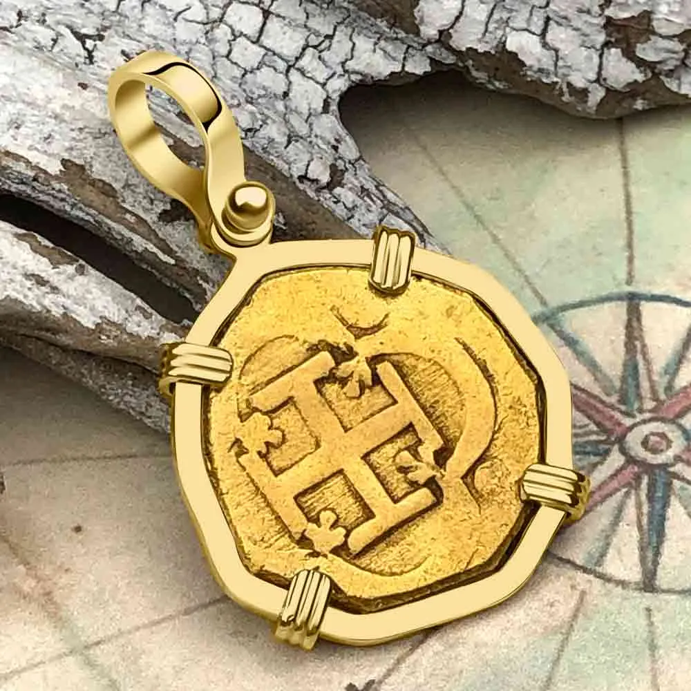 Unknown Shipwreck circa 1610 22K Gold 2 Escudo - the Legendary Doubloon - 18K Gold Pendant | Artifact #3478