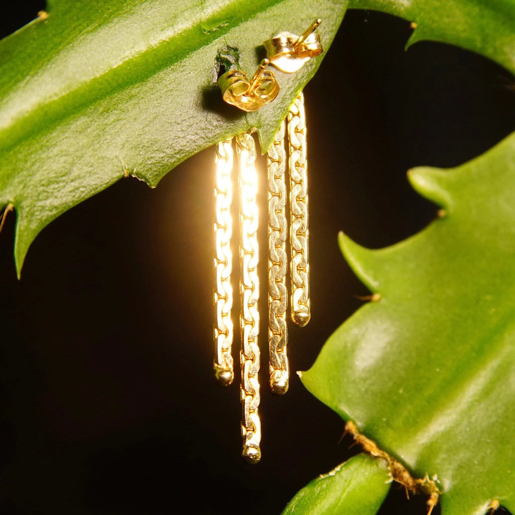 Vintage 14K Gold Virola Chain Tassel Earrings W/ Push Backs, Pierced 2-Strand Dangle Earrings, Half Anchor Links, 585 Jewelry, 1 3/8" L