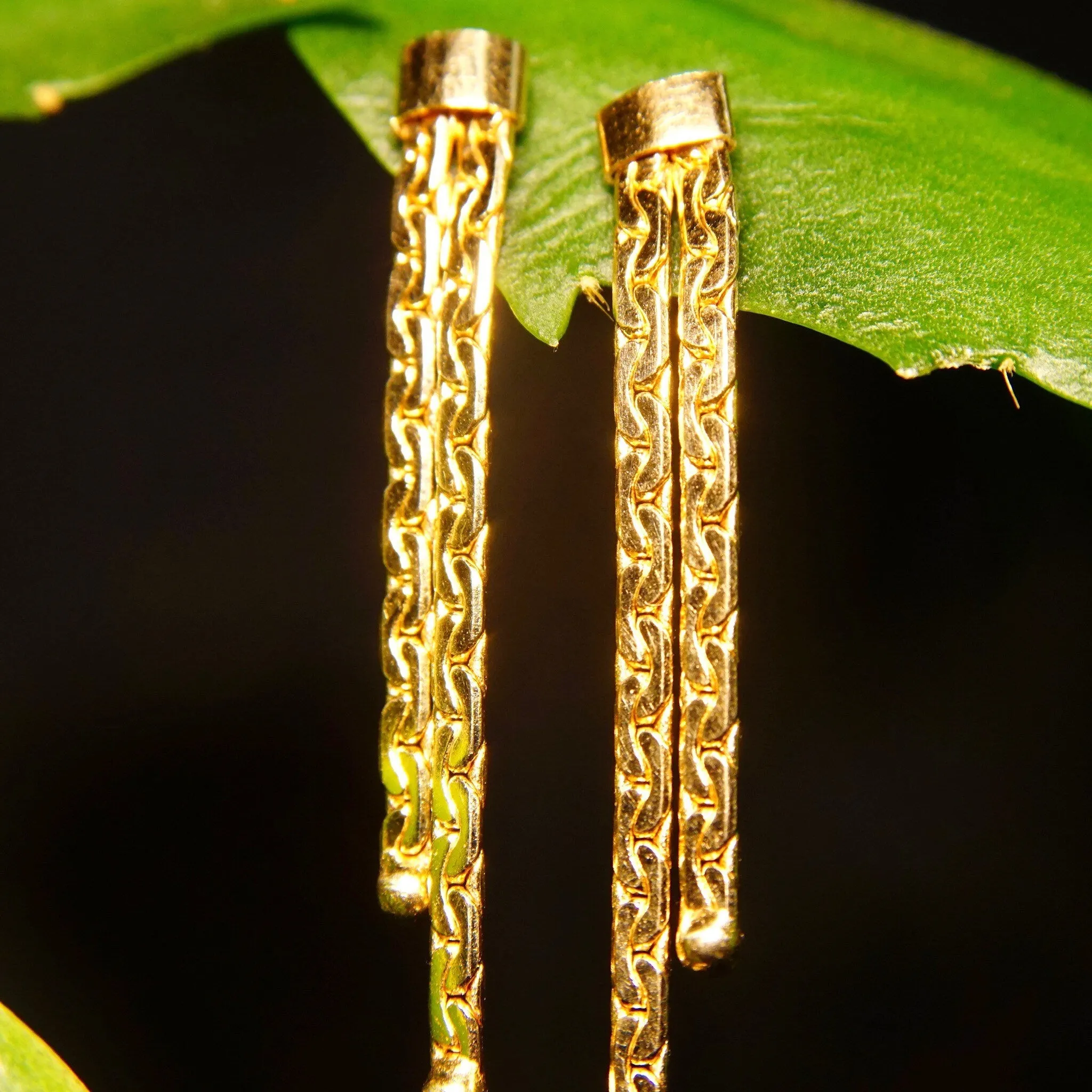 Vintage 14K Gold Virola Chain Tassel Earrings W/ Push Backs, Pierced 2-Strand Dangle Earrings, Half Anchor Links, 585 Jewelry, 1 3/8" L