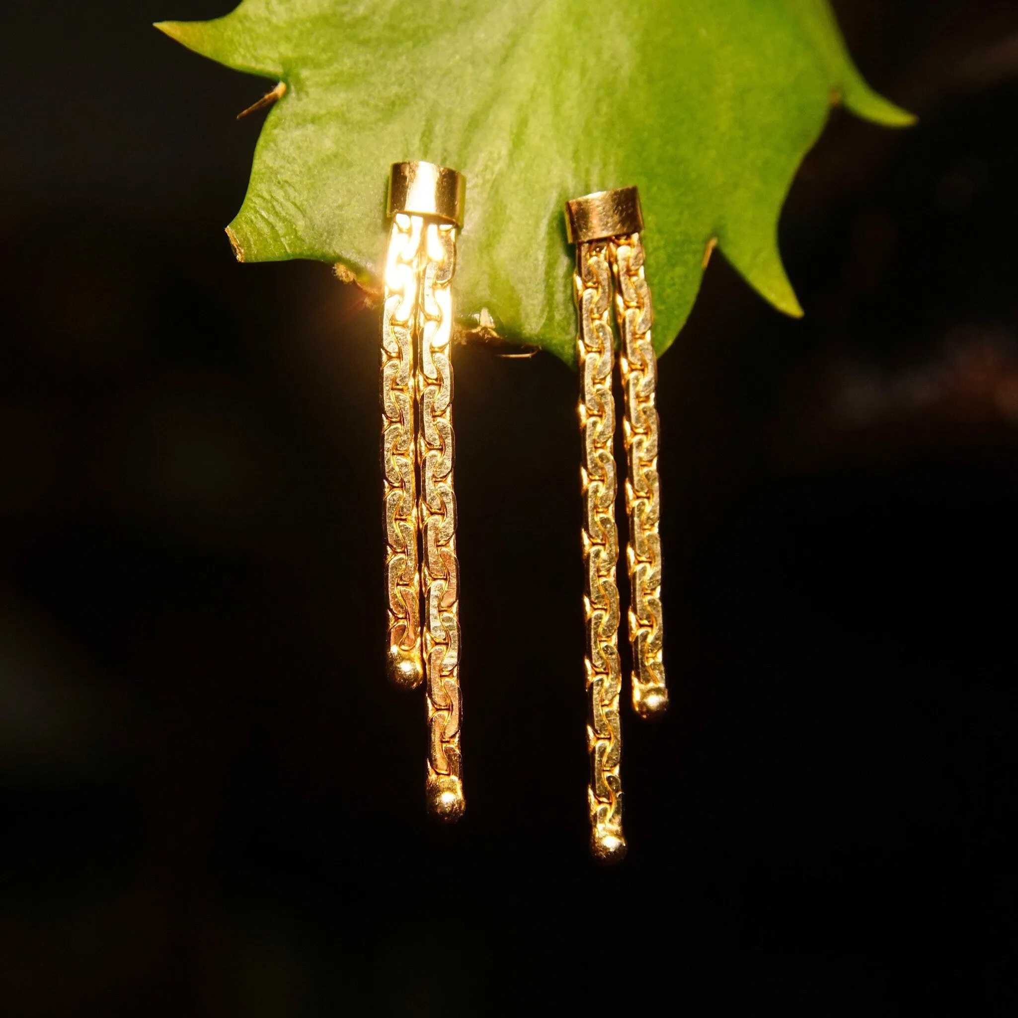 Vintage 14K Gold Virola Chain Tassel Earrings W/ Push Backs, Pierced 2-Strand Dangle Earrings, Half Anchor Links, 585 Jewelry, 1 3/8" L