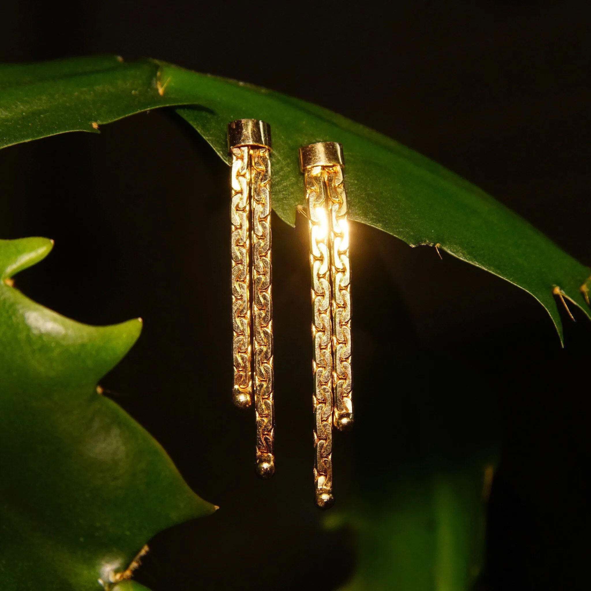 Vintage 14K Gold Virola Chain Tassel Earrings W/ Push Backs, Pierced 2-Strand Dangle Earrings, Half Anchor Links, 585 Jewelry, 1 3/8" L