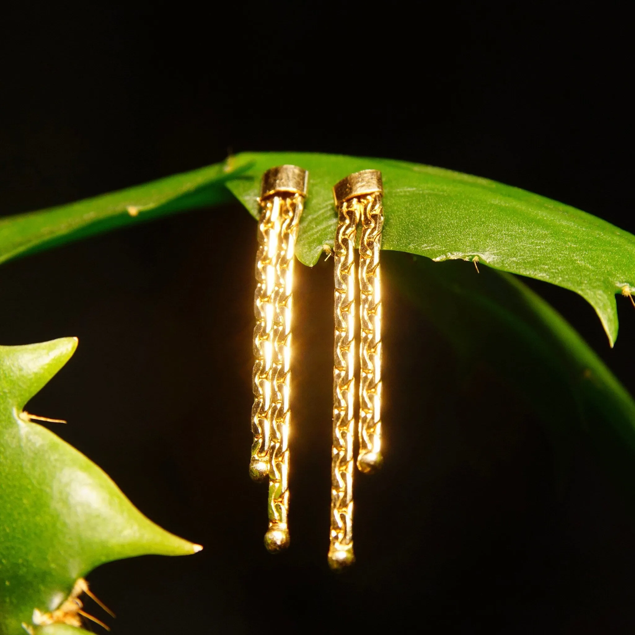 Vintage 14K Gold Virola Chain Tassel Earrings W/ Push Backs, Pierced 2-Strand Dangle Earrings, Half Anchor Links, 585 Jewelry, 1 3/8" L