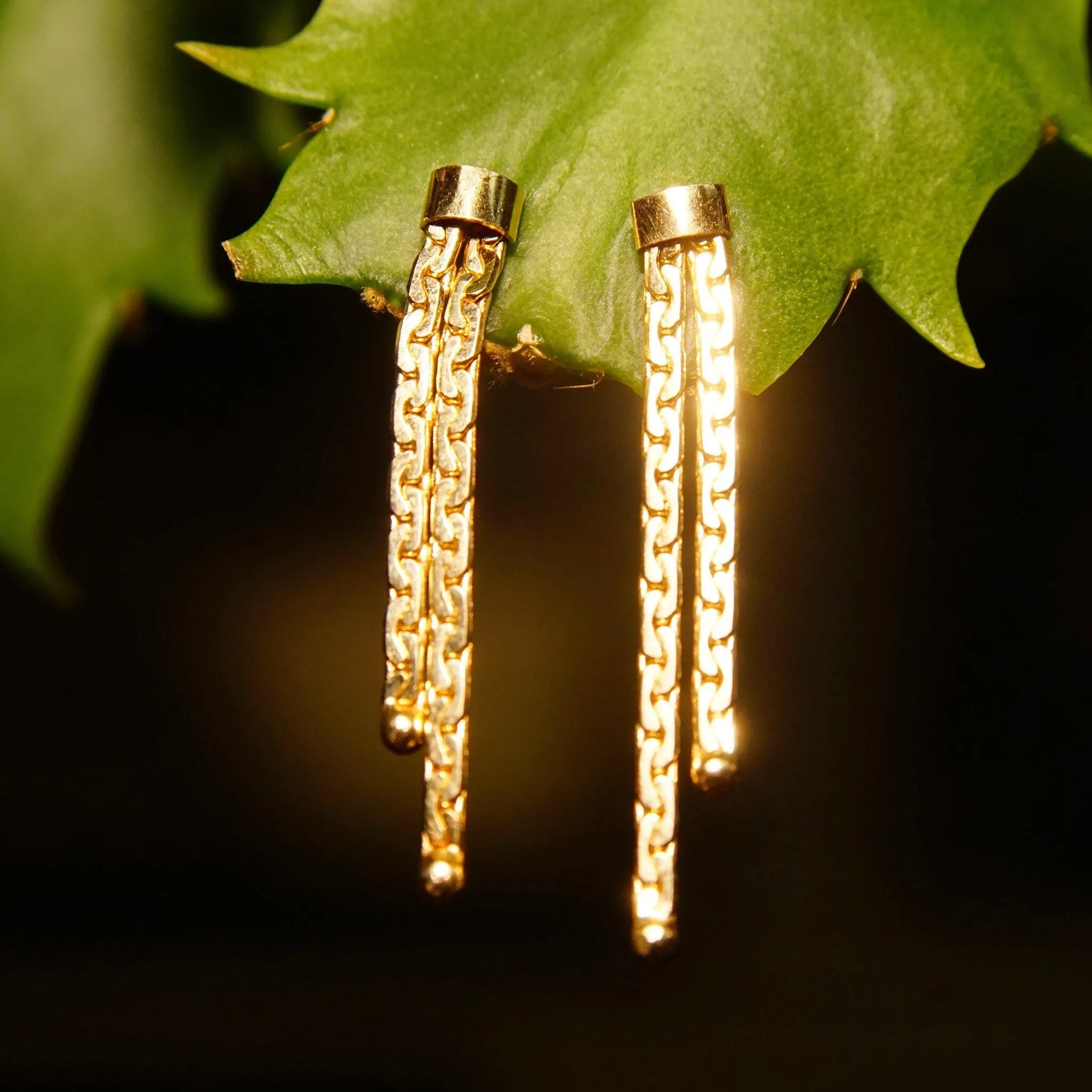 Vintage 14K Gold Virola Chain Tassel Earrings W/ Push Backs, Pierced 2-Strand Dangle Earrings, Half Anchor Links, 585 Jewelry, 1 3/8" L