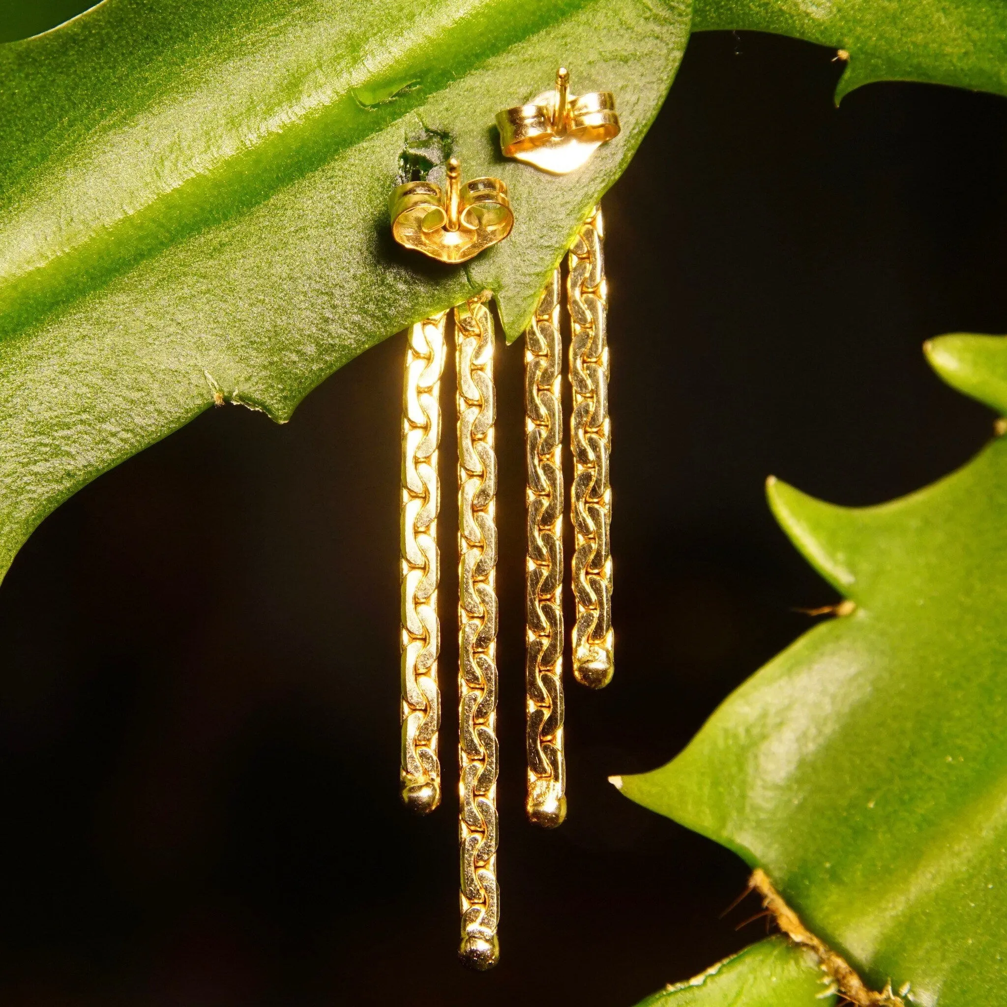 Vintage 14K Gold Virola Chain Tassel Earrings W/ Push Backs, Pierced 2-Strand Dangle Earrings, Half Anchor Links, 585 Jewelry, 1 3/8" L