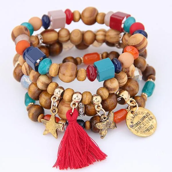 Vintage Boho Women 4pc Tassel Star Butterfly Wooden Beads Multilayer Bracelets