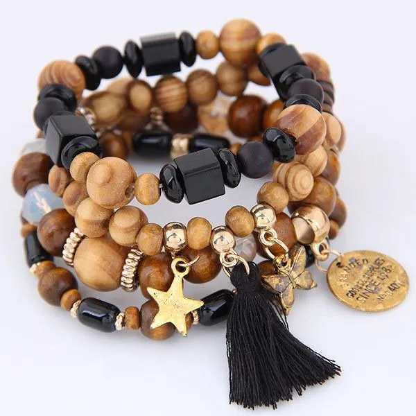 Vintage Boho Women 4pc Tassel Star Butterfly Wooden Beads Multilayer Bracelets