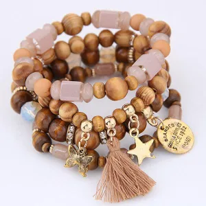 Vintage Boho Women 4pc Tassel Star Butterfly Wooden Beads Multilayer Bracelets