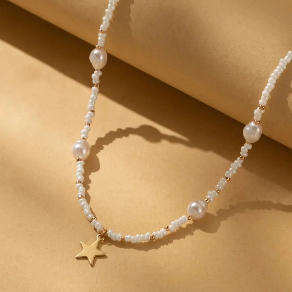 Vintage Star Bead Pearl Pendant Simple Clavicle Necklace