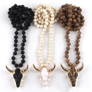 Vintage Western-style Natural Stone Beads Horn Pendant Necklace