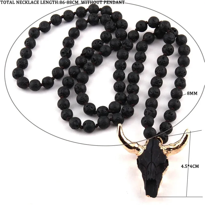 Vintage Western-style Natural Stone Beads Horn Pendant Necklace