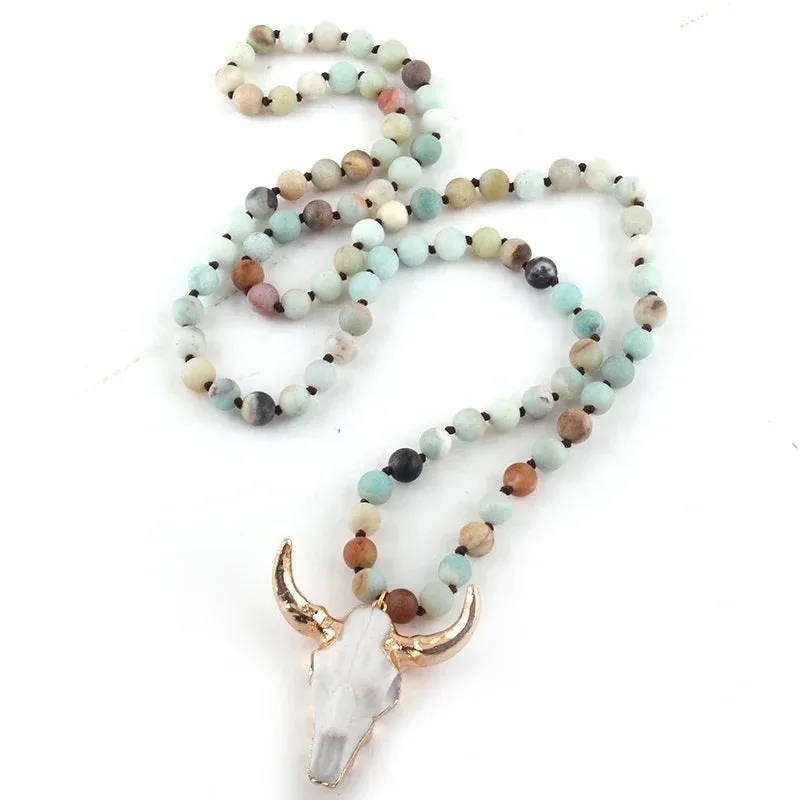Vintage Western-style Natural Stone Beads Horn Pendant Necklace