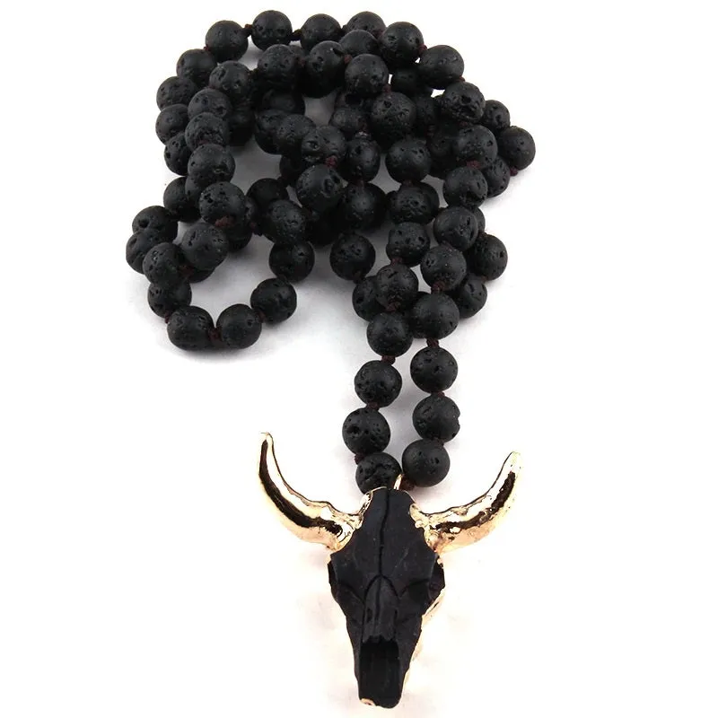 Vintage Western-style Natural Stone Beads Horn Pendant Necklace