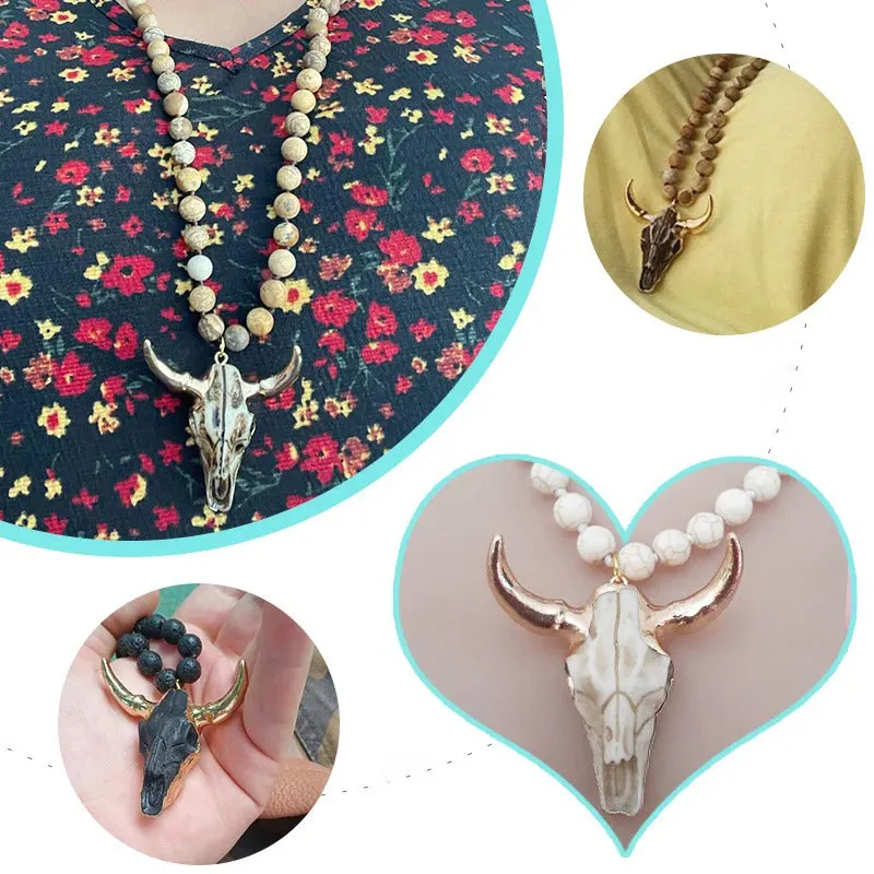 Vintage Western-style Natural Stone Beads Horn Pendant Necklace