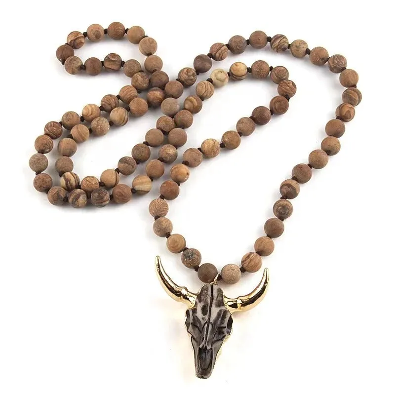 Vintage Western-style Natural Stone Beads Horn Pendant Necklace
