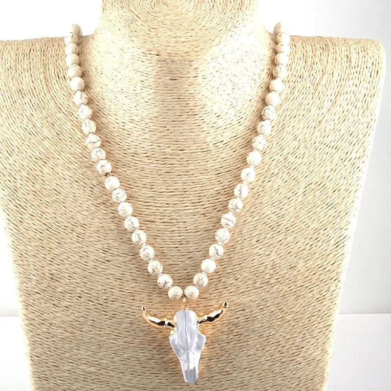 Vintage Western-style Natural Stone Beads Horn Pendant Necklace