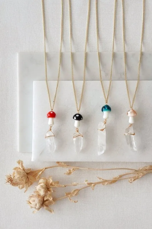 Xander Kostroma Gold Tone Black Mushroom & Raw Quartz Pendant Necklace - Adjustable 18-20 Inch Chain - Unique Healing Crystal Necklace for Women - Natural Quartz for Energy, Calm & Spiritual Healing - Perfect Gift for Her