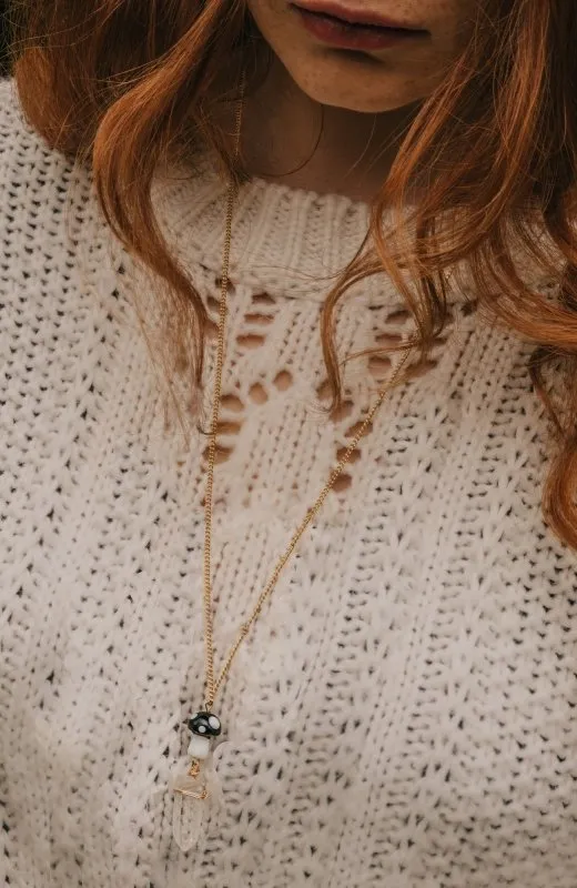Xander Kostroma Gold Tone Black Mushroom & Raw Quartz Pendant Necklace - Adjustable 18-20 Inch Chain - Unique Healing Crystal Necklace for Women - Natural Quartz for Energy, Calm & Spiritual Healing - Perfect Gift for Her